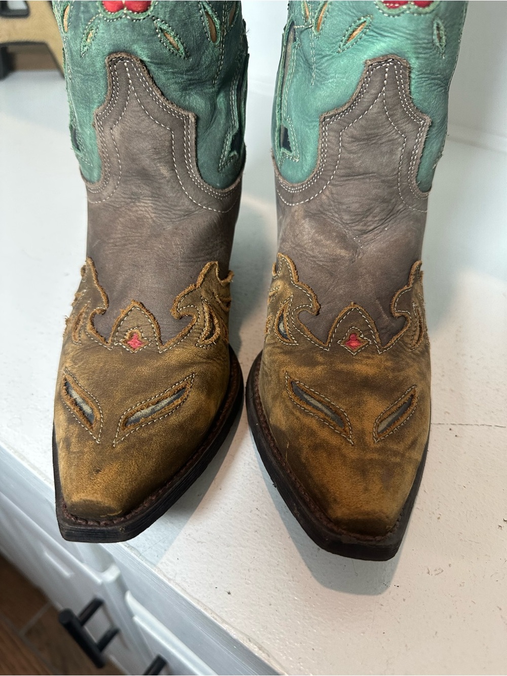 Laredo Women’s Cowboy Boots Size 6.5M Turquoise Teal & Brown Floral Embroidered - Picture 3 of 9